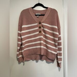 Rachel Zoe Medium Dusty Rose Striped V Neck. Longsleeve. Three Button Pullover.